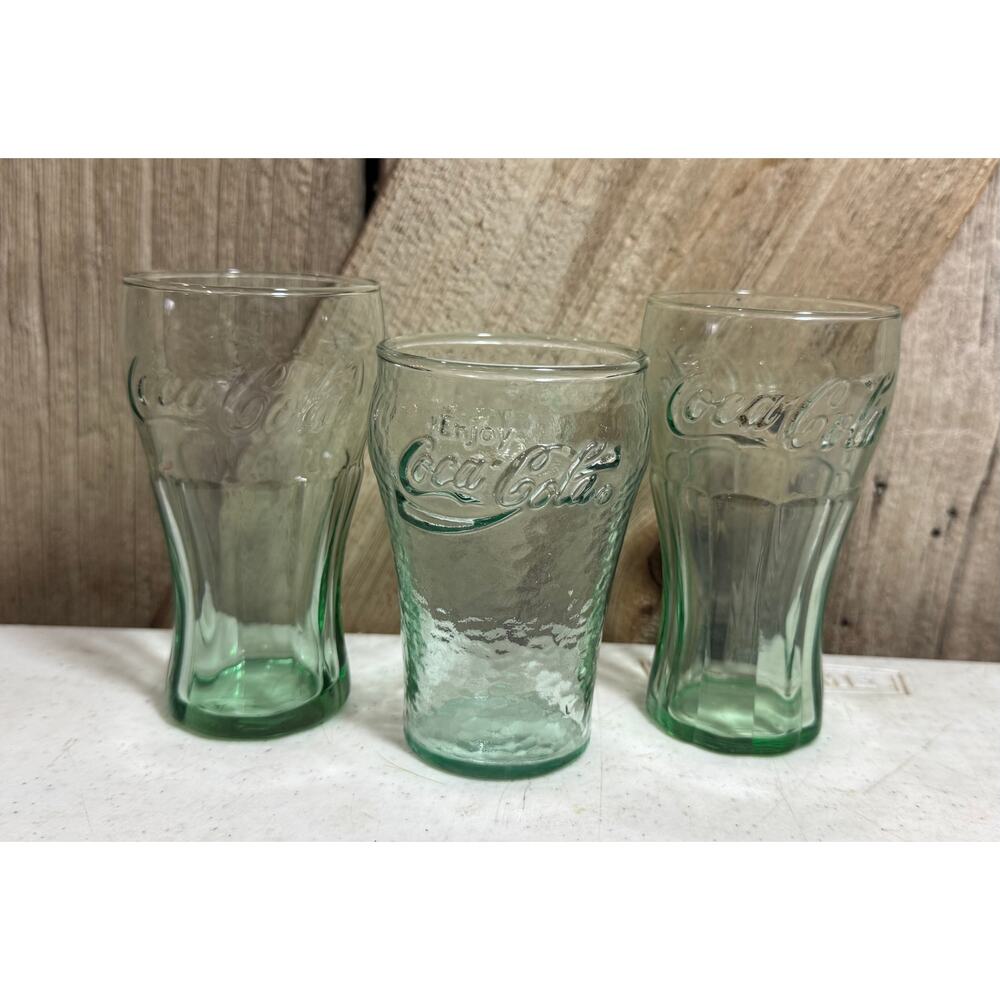 Set of 3 Vtg 6oz Mini Coca Cola Glasses Green 4.5" & 4" Coke Glass Drinking Cup